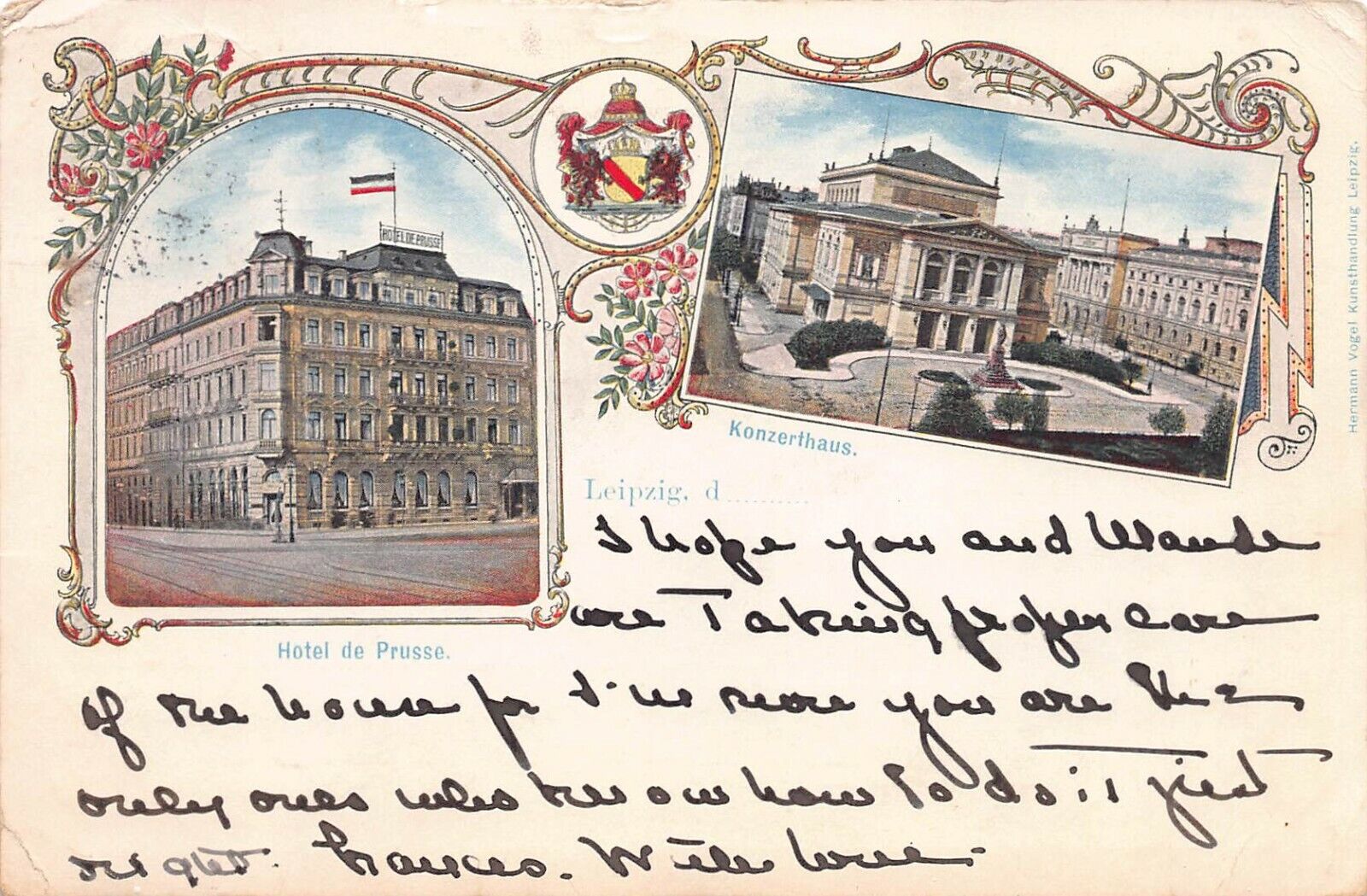Leipzig, Germany, 2 Scenes: the Concert Hall and Prussia Hotel, 1902 postcard