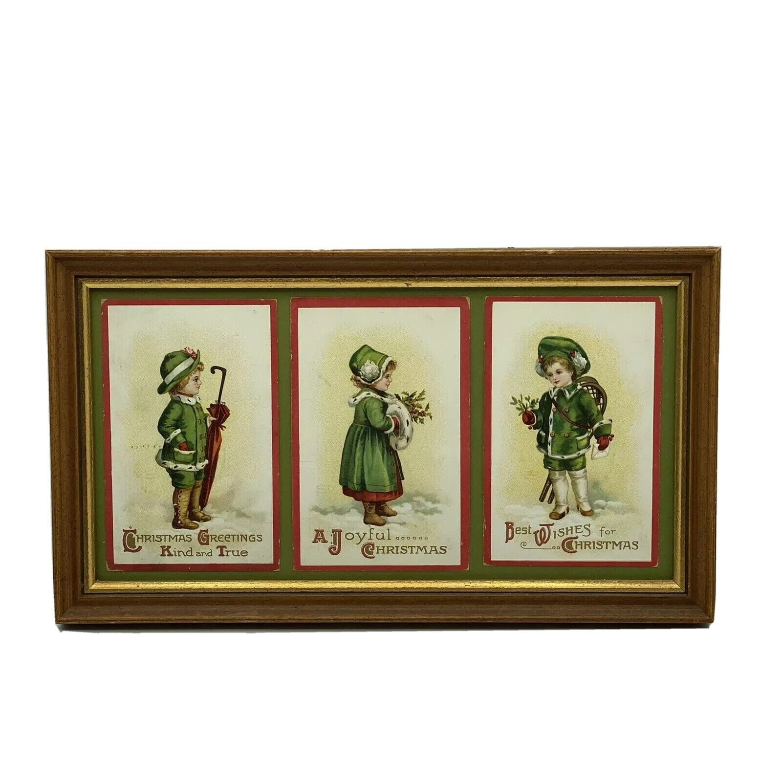 Christmas Greeting Postcards Children Boy Girl 13” X 7.5” Antique l800s Framed