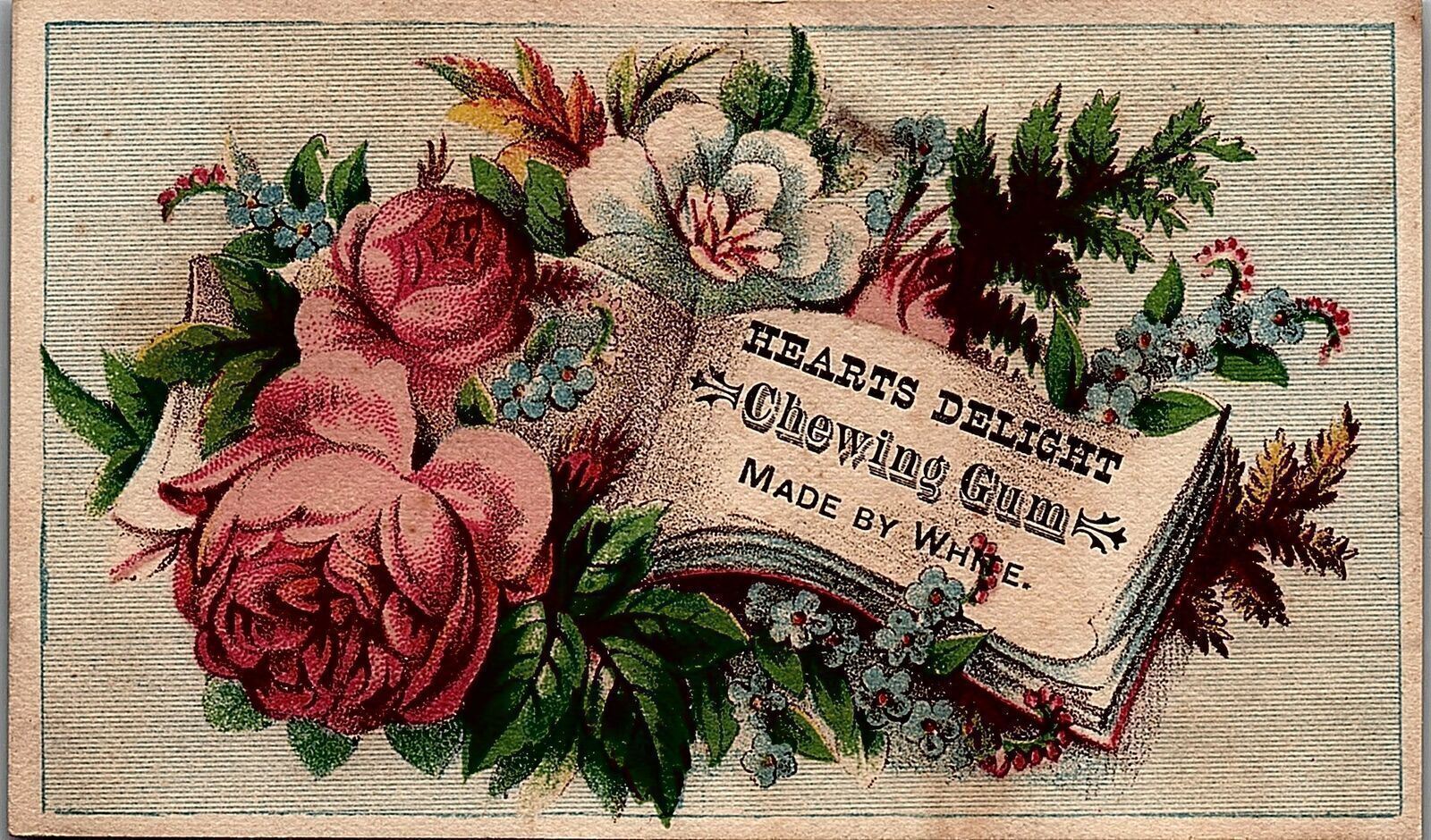 1880s CHEWING GUM WHITE\'S HEARTS DELIGHT FLORAL VICTORIAN TRADE CARD 25-229