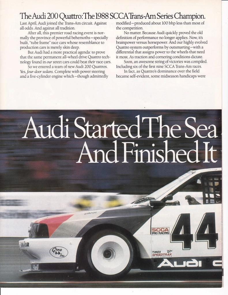 1989 Audi 200 Quattro 2 pg Print-Ad/ Race Cars / SCCA Trans-Am Champion/Haywood
