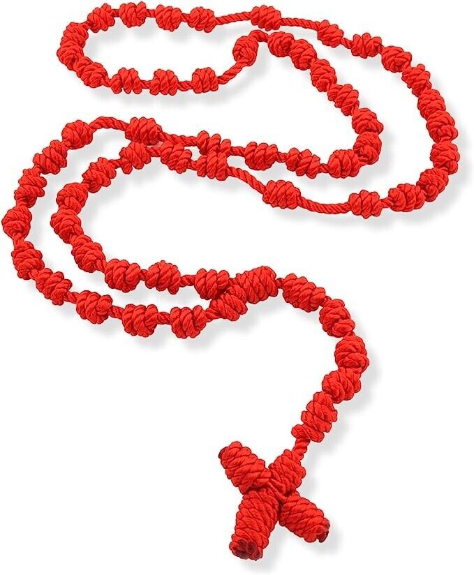 Comfortable Red Cord Macrame Knotted Rosary With Knot Cross for Praying 20 in