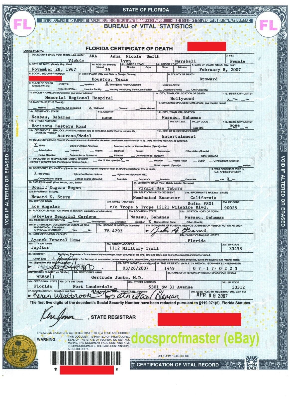 ANNA NICOLE SMITH (born Vickie Lynn Hogan) Genuine Death Certificate & photos