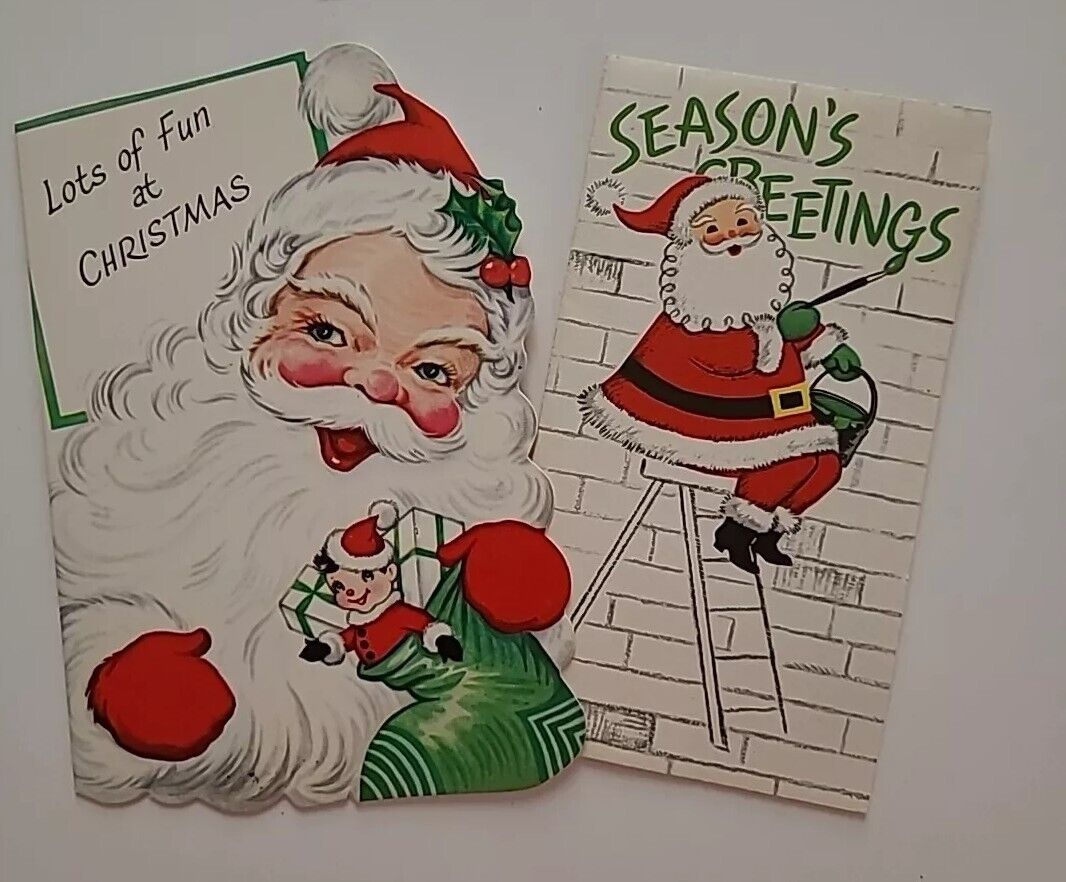 2 UNUSED Vtg SANTA Lots of Fun & Seasons Greetings Old Stock CHRISTMAS CARDS