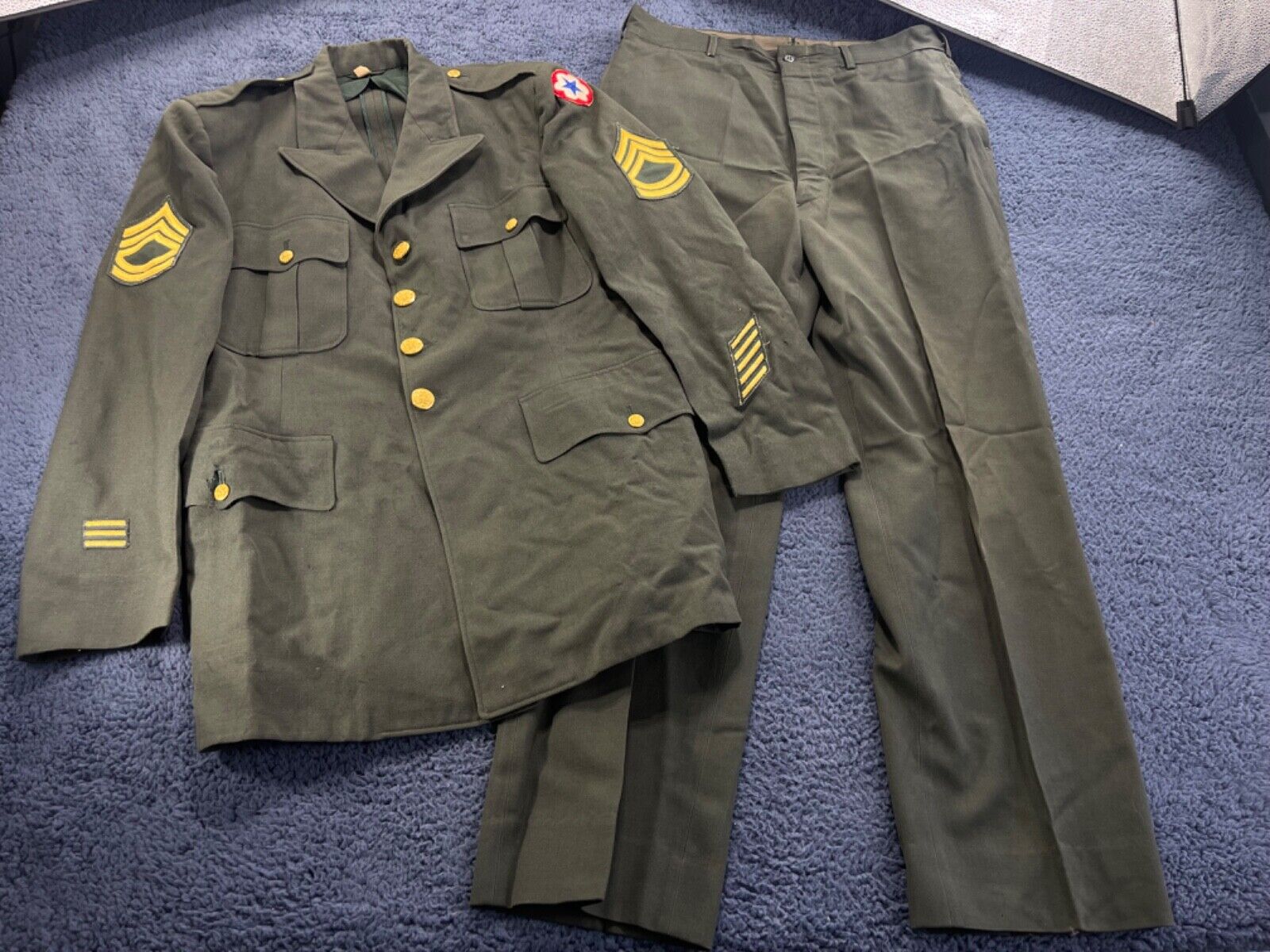 Military Vintage Jacket Pants Uniform Men Size 42 Gold Button Patches SEE VIDEO