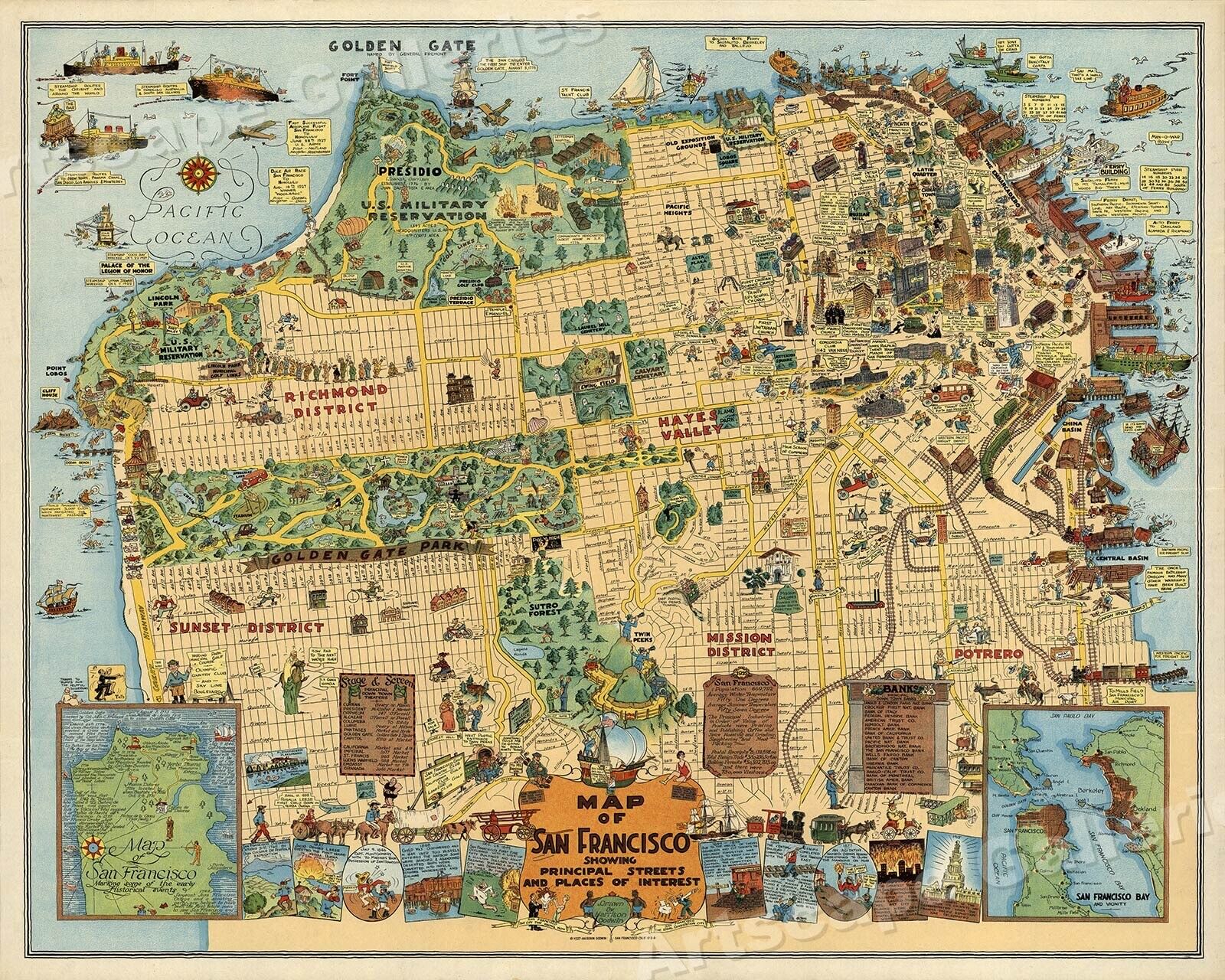 1927 San Francisco Funny Historic Old Map - 24x30
