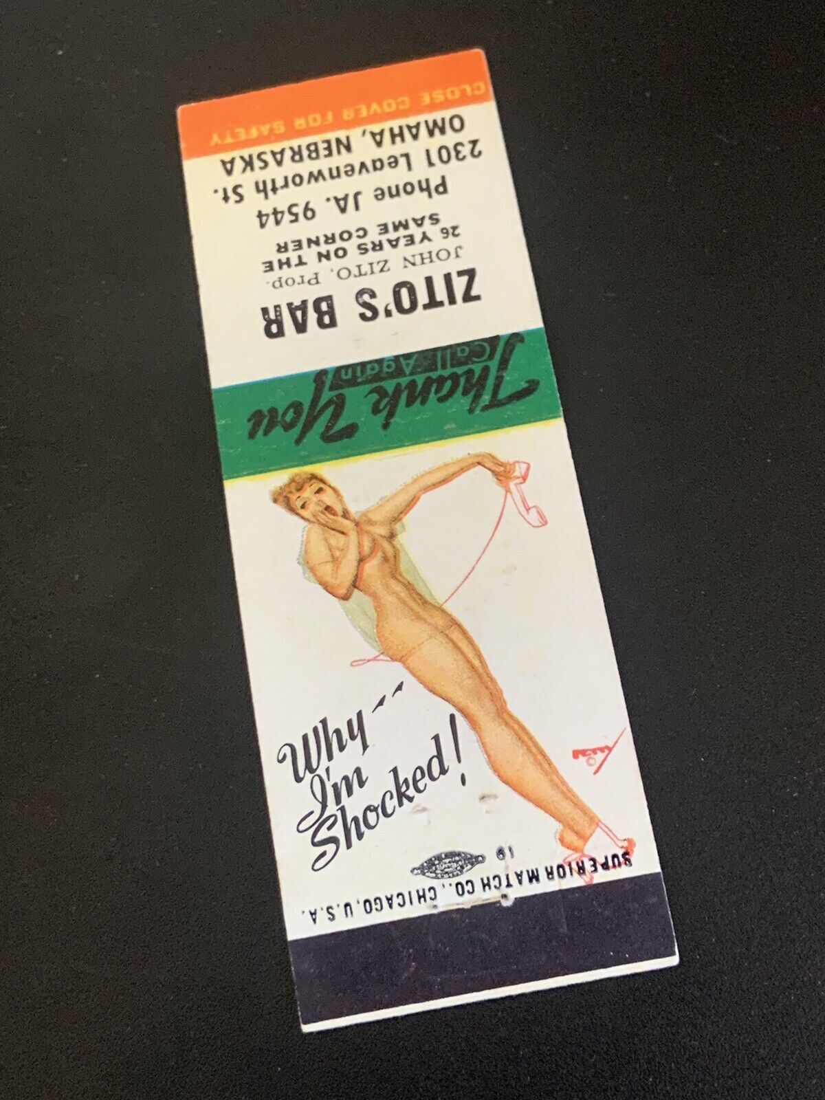 Vintage Girlie Matchbook “Zito’s Bar” Omaha, Nebraska • Front Strike Pinup