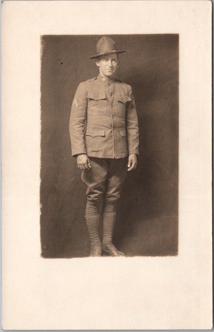 Vintage 1910s WWI Military Studio RPPC Photo Postcard Soldier in Uniform /Unused