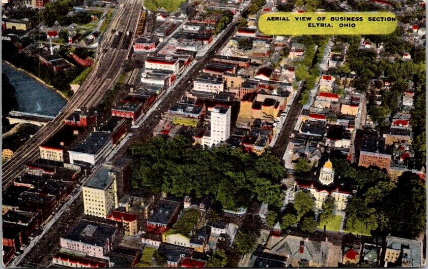 Vintage Postcard Aerial View of Business Section of City Elyria Ohio OH     W159