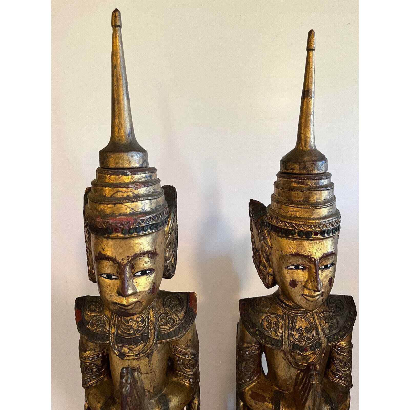 Vintage Pair of Thai Teppanom Standing Guardian Angels Hand-carved and Gold Gilt