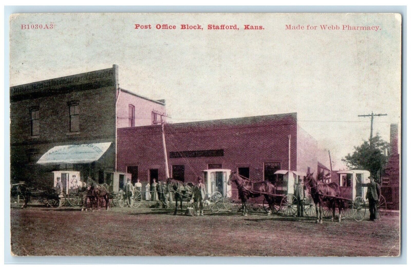 1912 Post Office Block Stafford Kansas KS, Horse Wagon Carriage Antique Postcard