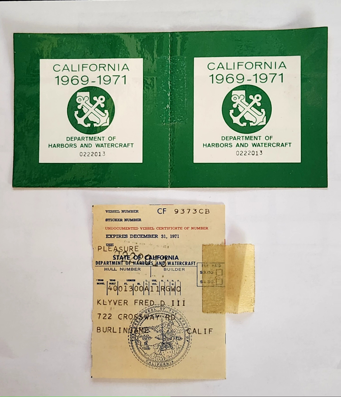 Boat Vessel  California - NOS - DMV Issued  Sticker & Reg Card 1969 - 1971