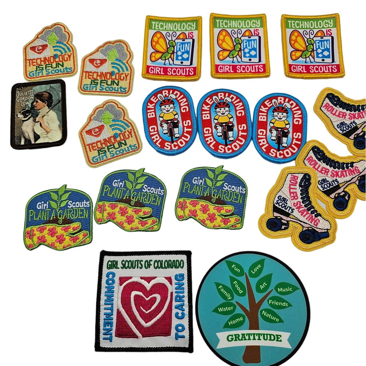 Lot of 18 Girl Scout Patches Technology Bike Riding Roller Skate Gratitude Etc