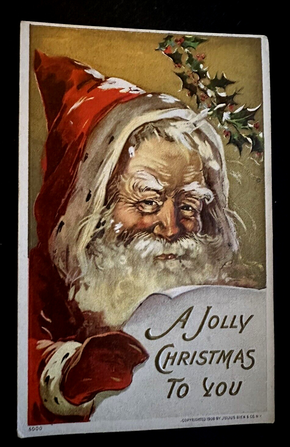 Jolly Santa Claus with Note ~Holly~Antique Embossed~Christmas Postcard~h735