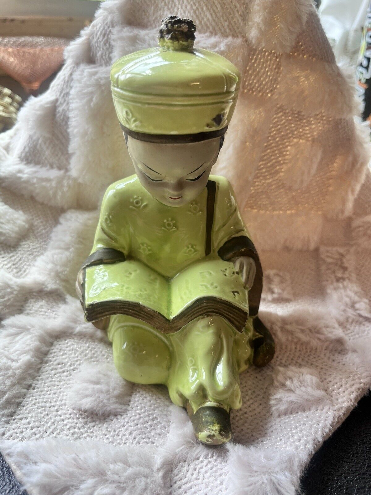 Vintage Asian Boy Reading a Book Statues Figures Chartreuse