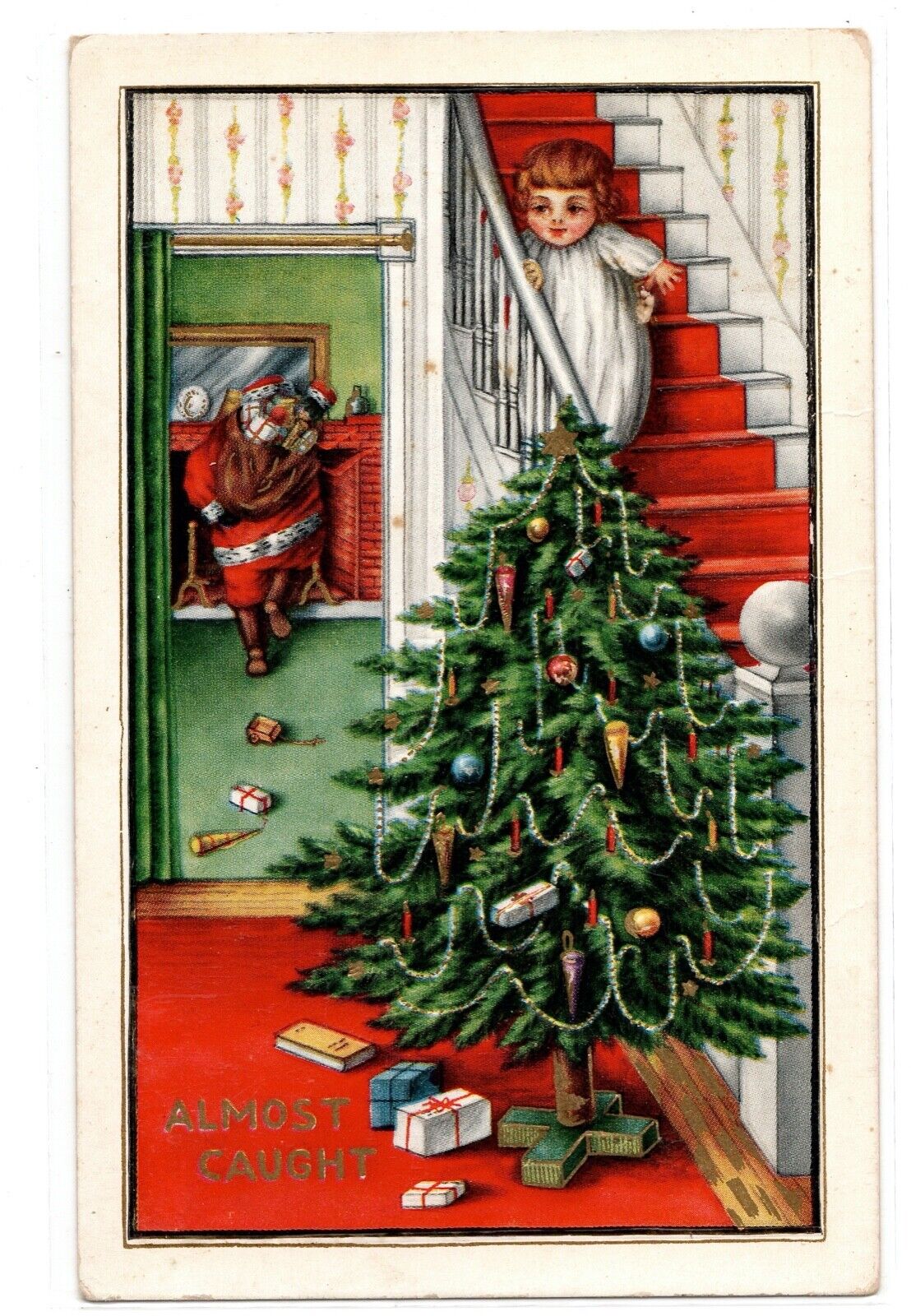 Santa Claus Red Suit Climbing Up The Chimney Tree Toys Child On Stairs 1915 S14
