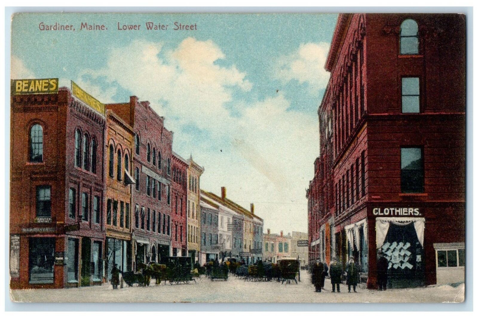1910 Lower Water Street Business Section Gardiner Maine ME Carriages Postcard