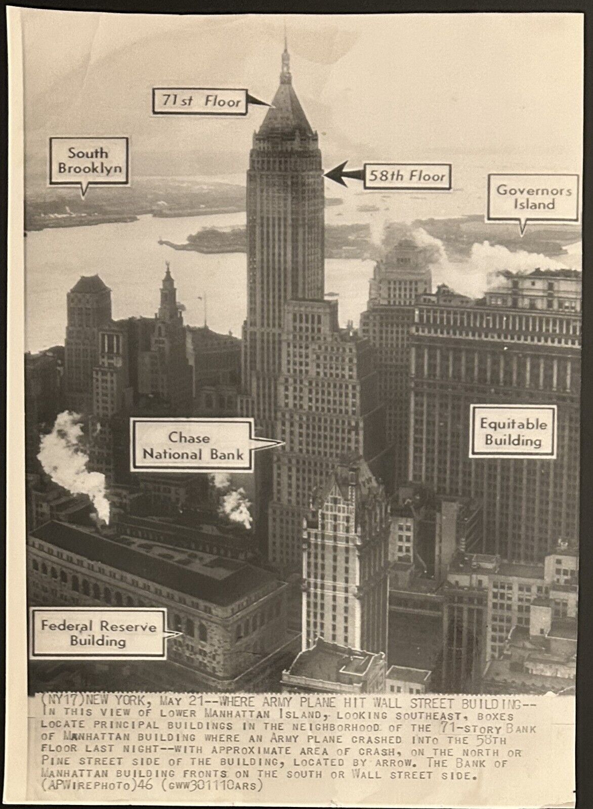 1946 Oversized Photo-Lower Manhattan Bank Of Manhattan Building Plane Crash