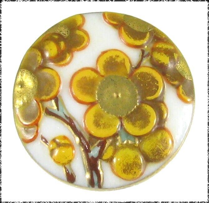 Vintage Japanese Toshikane Arita Button, Yellow & Gold Cherry Blossoms
