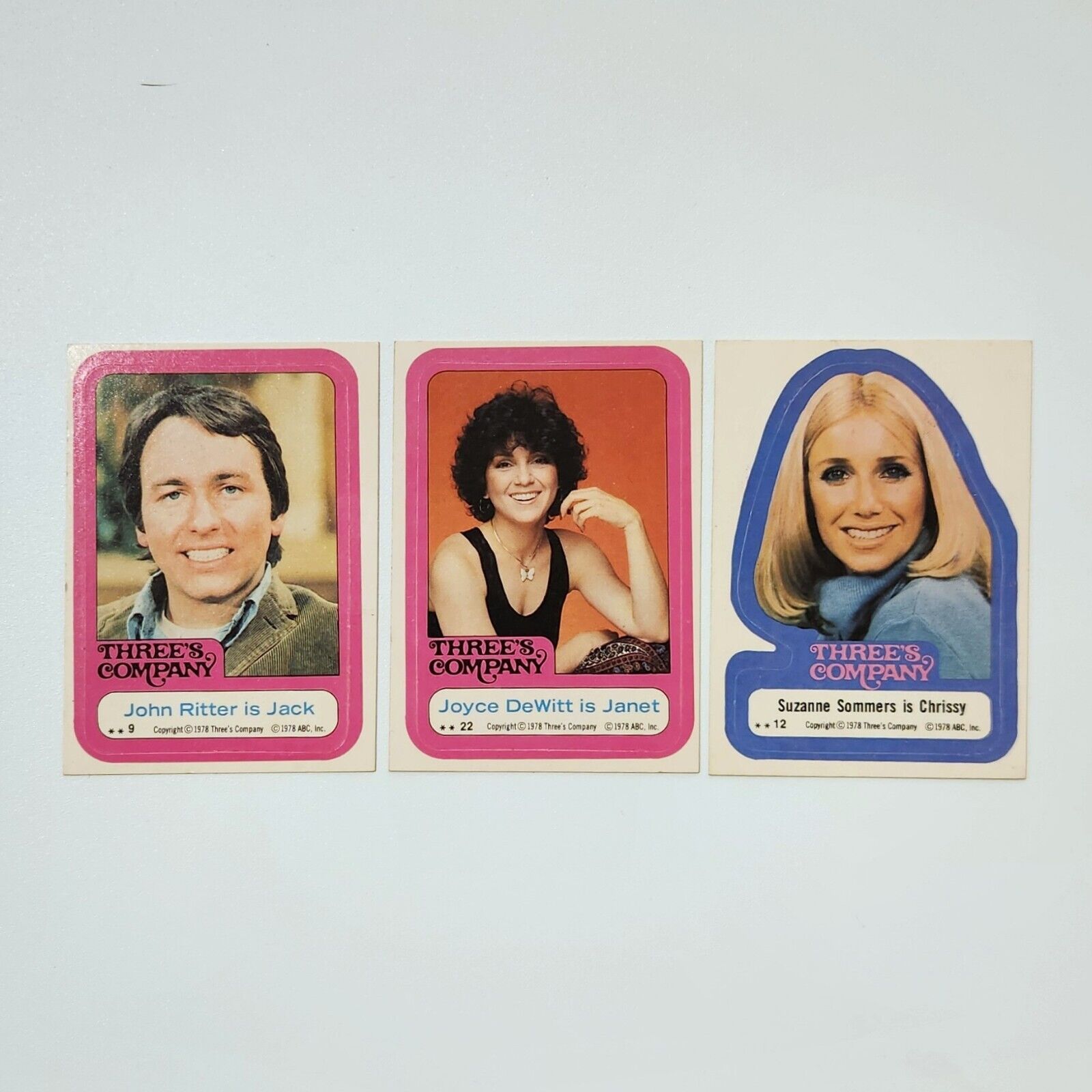 1978 Three’s Company Stickers 3 Card Lot / #9 Jack, #22 Janet, #12 Chrissy