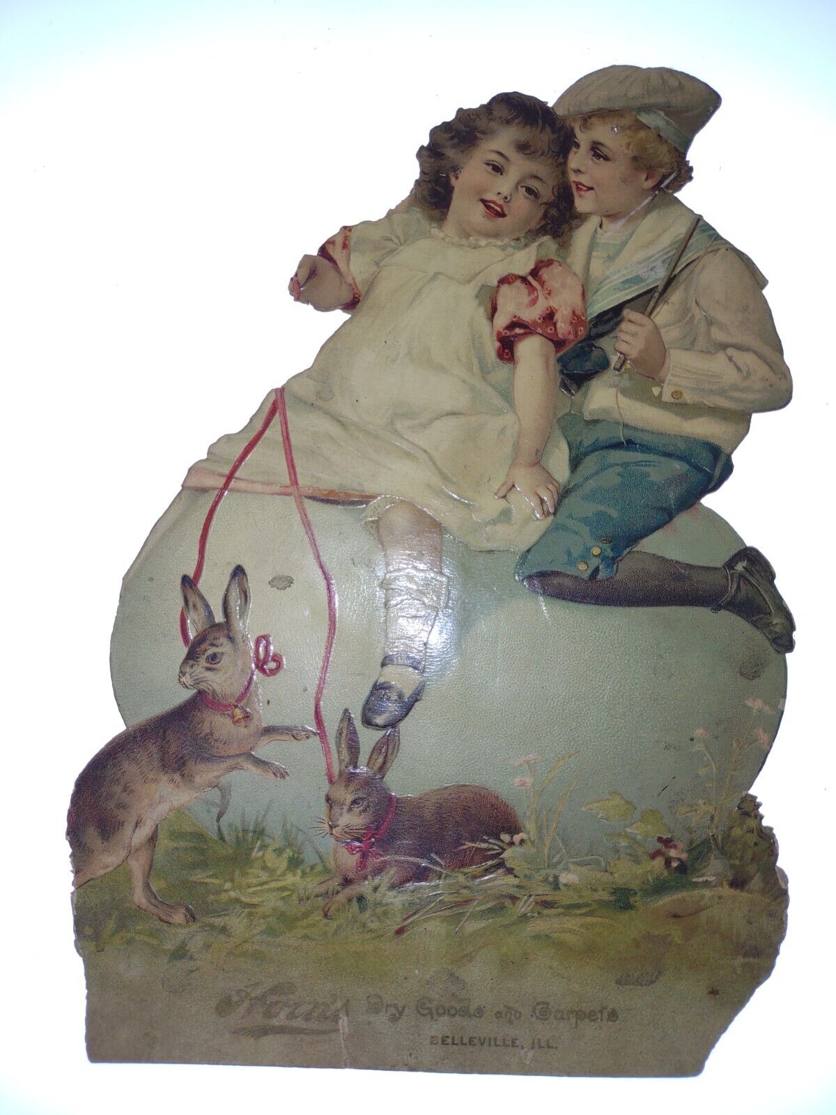Vintage DIE CUT Advertising Card EMBOSSED Young Girl & Boy Sitting On Egg