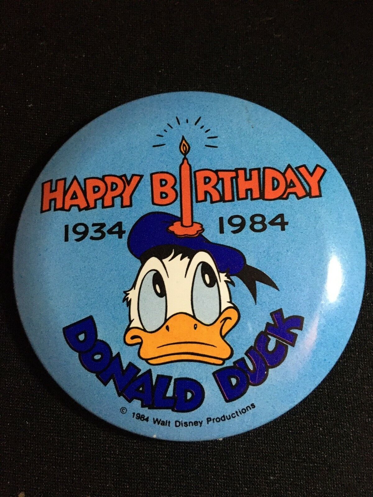 Vintage 1984 Happy 50th Birthday Donald Duck Button- (1934-1984) ex/mint