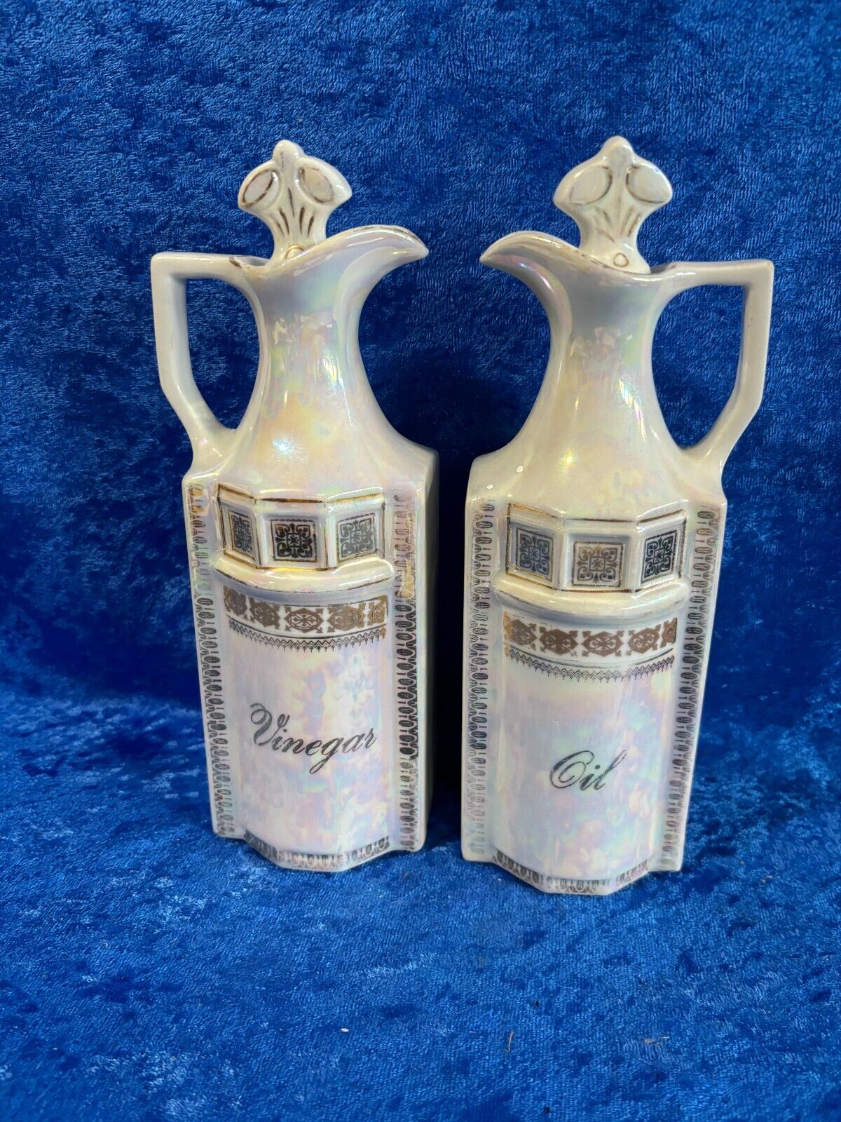 Antique German White Block Lusterware Opalescent Oil & Vinegar Cruets
