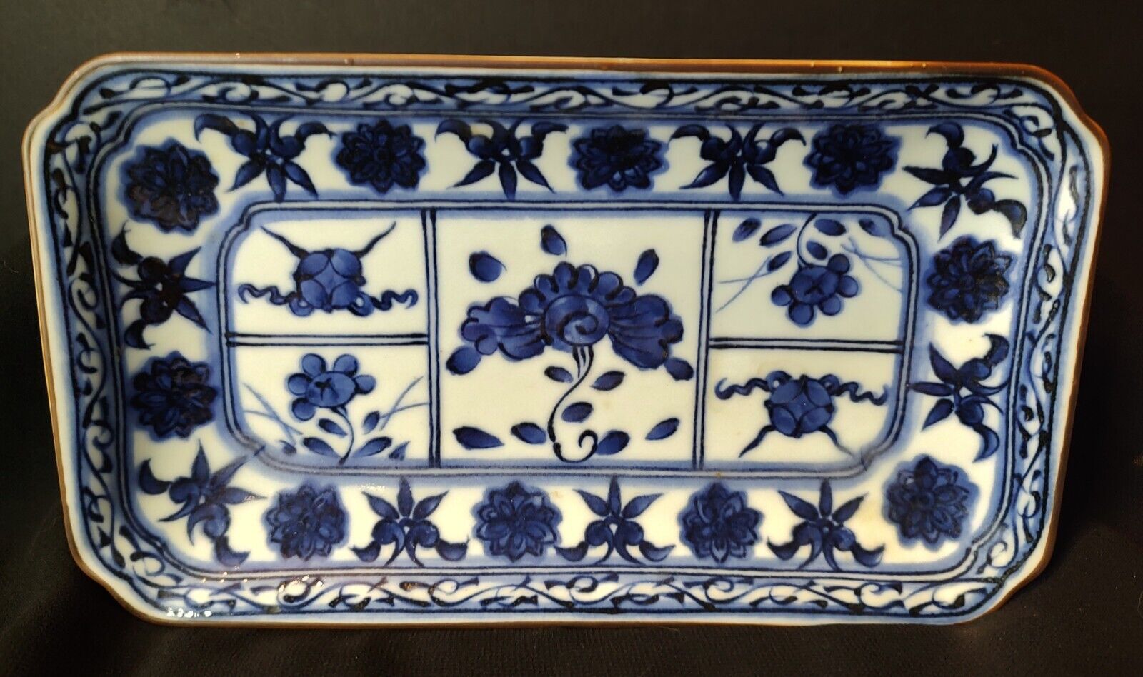 Antique Andrea By Sadek Porcelain Blue White Japanese Rectangular Tray Plate 9x5