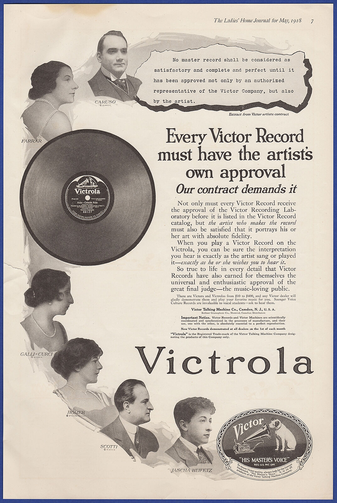 Vint. 1918 VICTOR Record Artists Caruso Farrar Homer Scotti Galli-Curci Print Ad