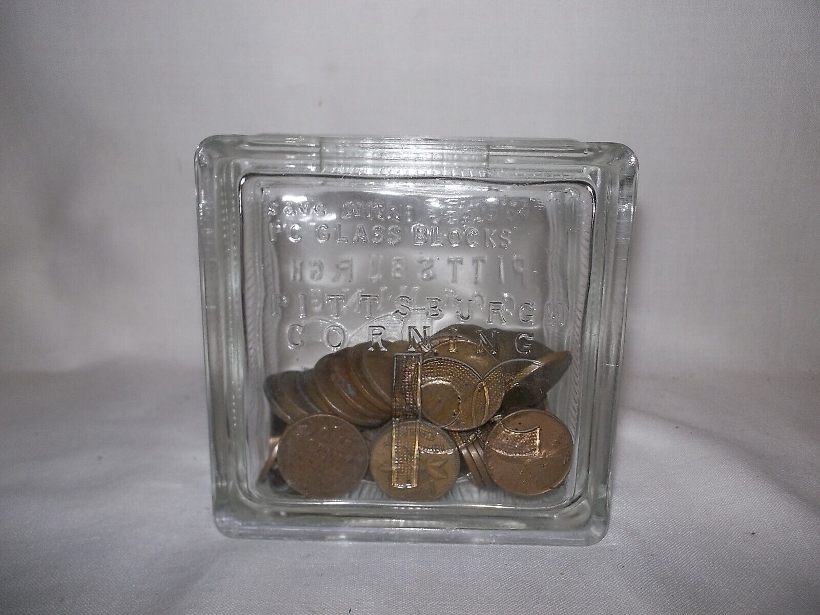Vintage Pittsburgh Corning PC Glass Block Coin Bank - Wheat Pennies Plus