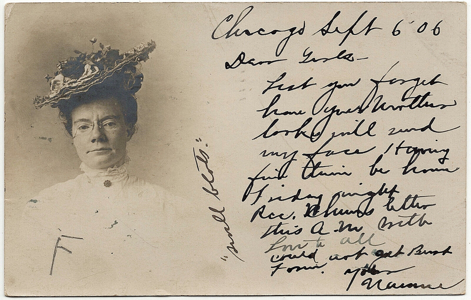 1906 RPPC Chicago IL to Galesburg Illinois ILL Lady in Hat Real Photo Postcard
