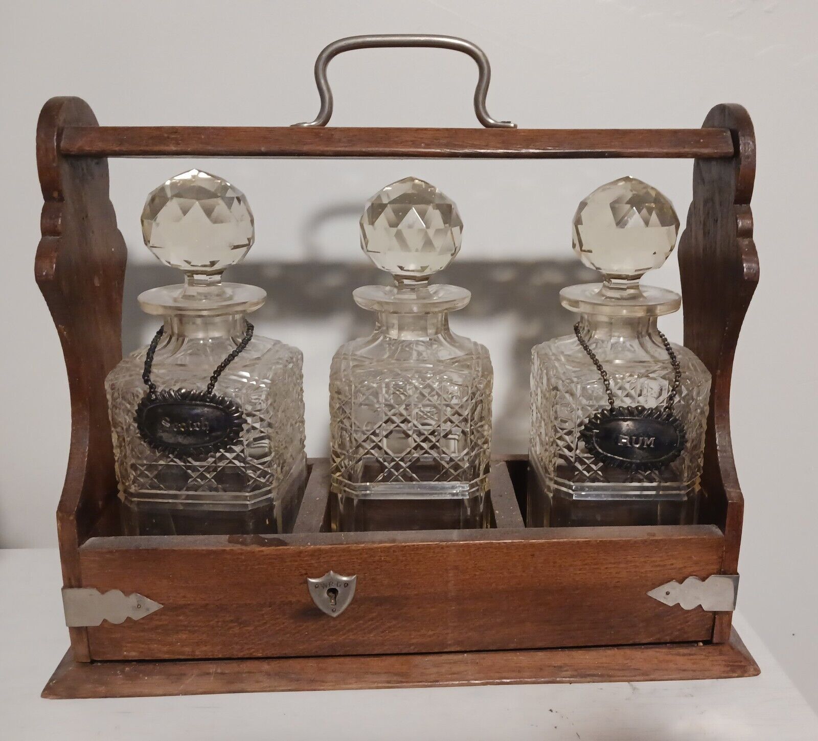 Antique English Cut Crystal 3 Decanter Tantalus Set with Oak Carriage 