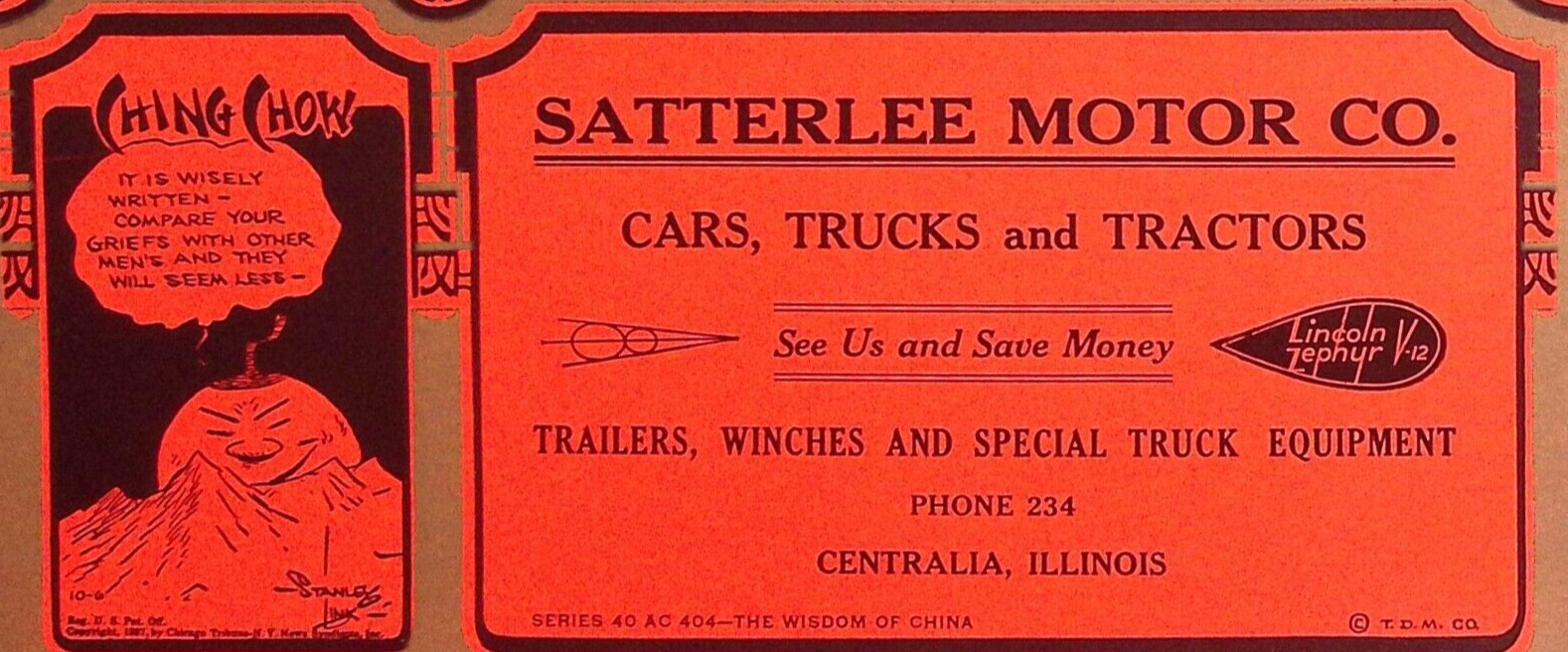 1937 CENTRALIA IL SATTERLEE MOTOR CO CHING CHOW WISDOM OF CHINA INK BLOTTER Z205