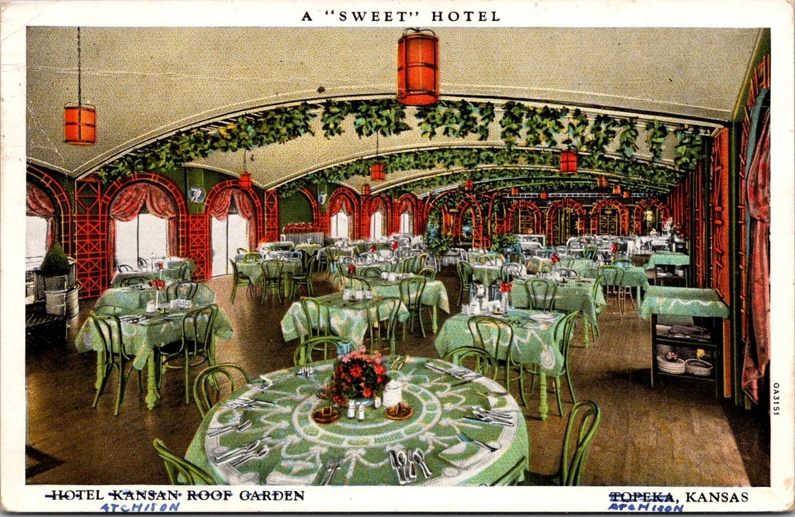 Dining Room at Hotel Atchison, Atchison KS c1940 Vintage Postcard S77