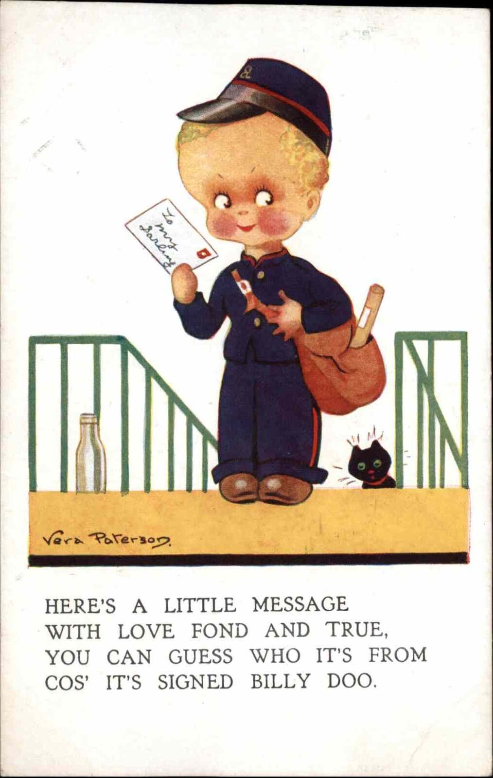 vera Paterson Little Boy Postal Worker Mailman Black Cat Vintage Postcard