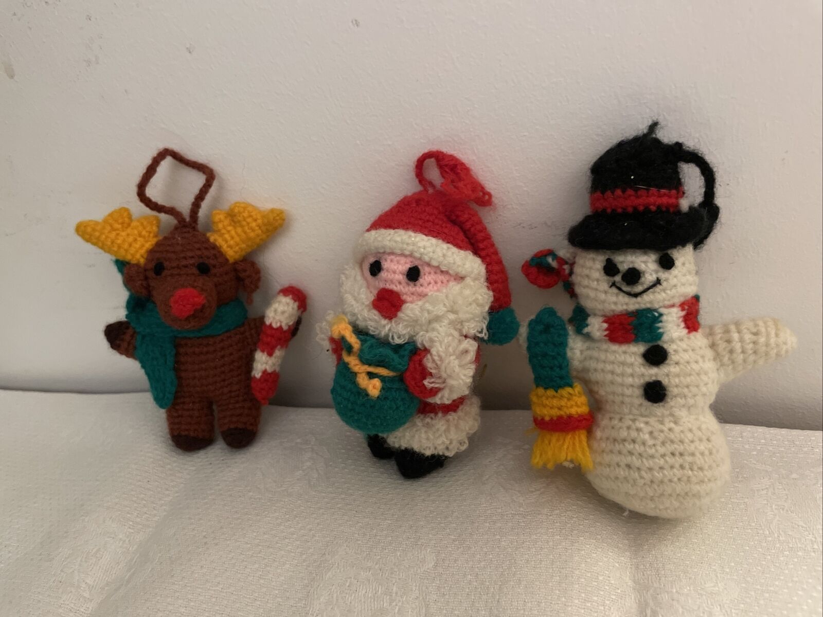 3 Vintage Yarn Knit handmade ornaments Santa Claus Reindeer Snowman Hanging