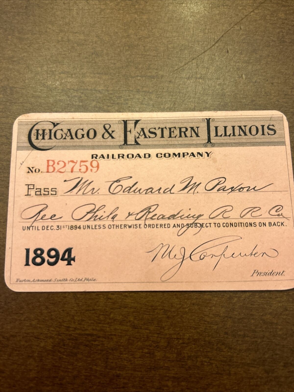 Rare 1894 Chicago & Eastern Illinois Railroad Pass Railway RR Train