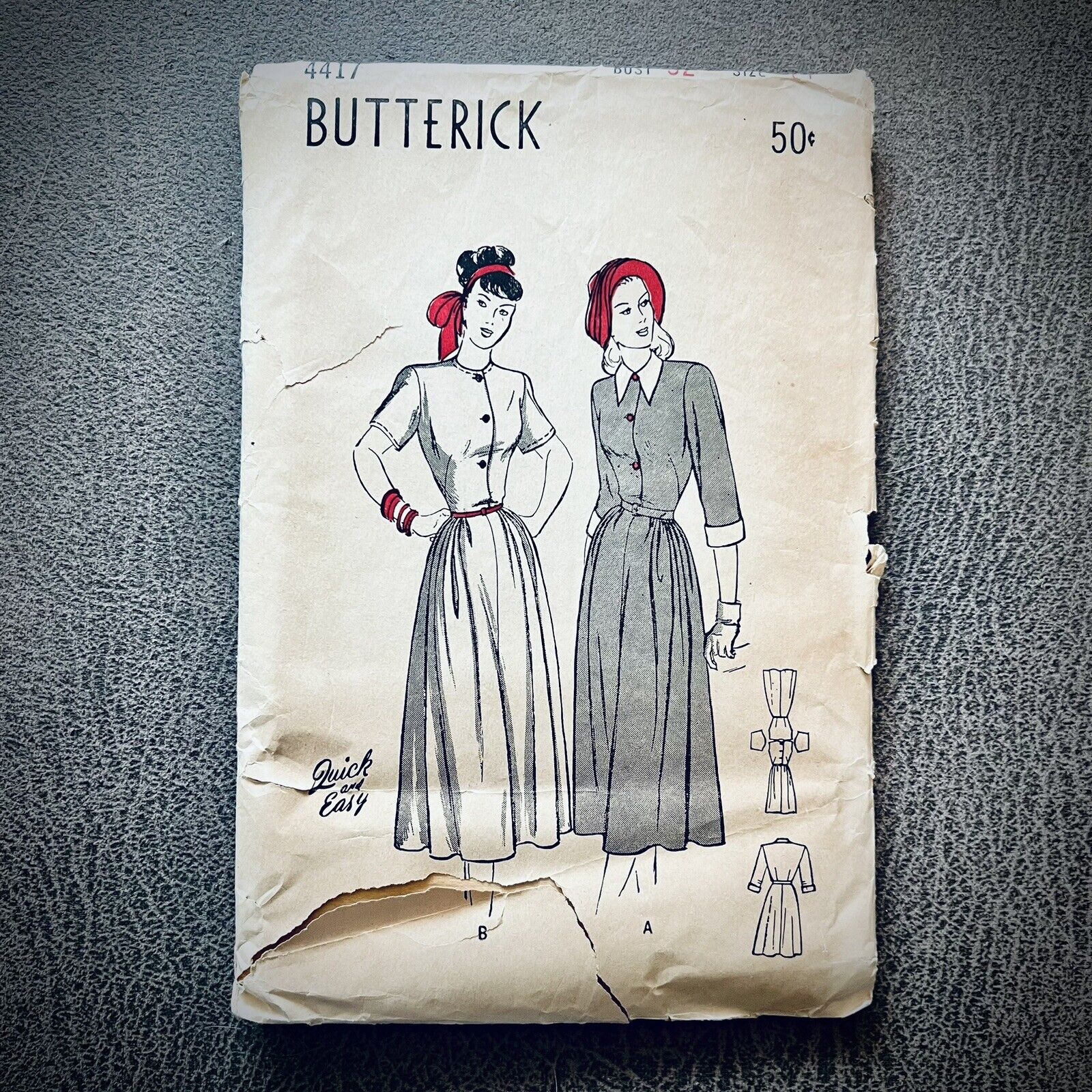 Vintage 1940s Butterick One Piece Dress Sewing Pattern 4417 Size 14 Bust 32