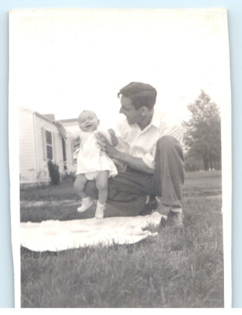 Vintage Photo 1947, Cute baby w/ Proud Father, on Lawn, 4.25x3.25