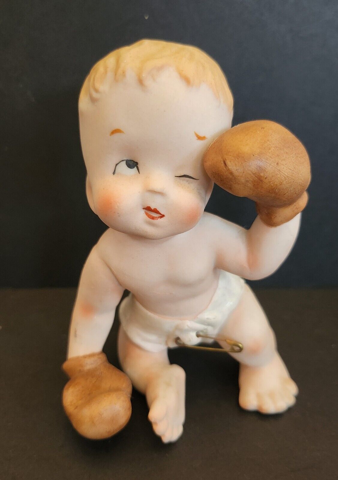 Vintage Ceramic Boxing Baby Toddler In Diaper, Knock Out Figurine 