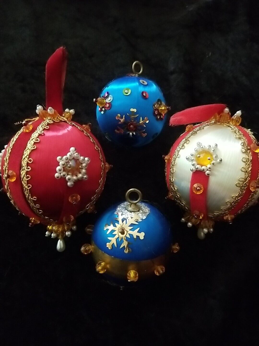 4 Vintage Handmade Pushpin Satin Beaded Sequined Christmas Ornaments