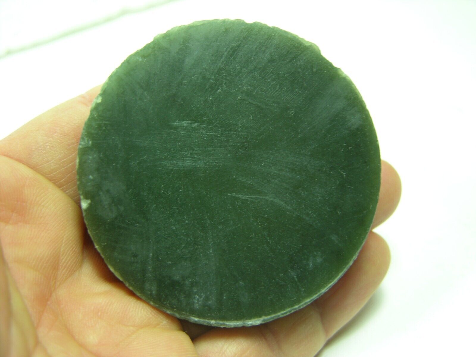 #11 Russia 97g 100% Natural Rough Round Green Jade Slice Specimen 3.50oz 57.5mm