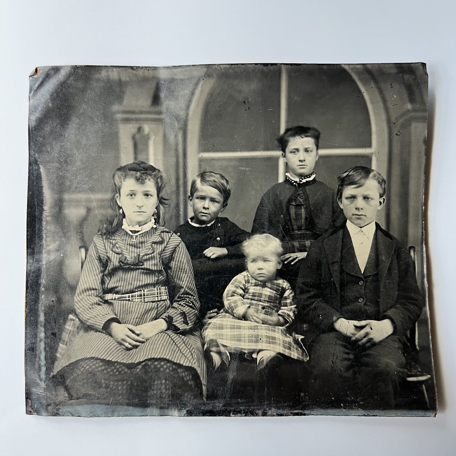 Antique Half Plate Tintype Group Photograph Adorable Children Family Boy Girl