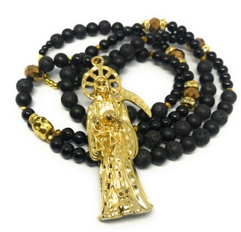 Extra large, 34” Lava stone Holy Death’s rosary 3” pendant piedras de Lava