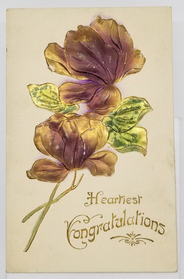1909 HEARTIEST CONGRATULATIONS Embossed Flowers Germany Antique Postcard