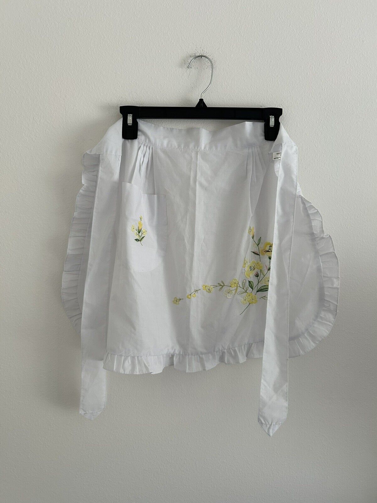 Vintage Look Embroidered Half Apron White with Yellow Flowers & Small Pocket
