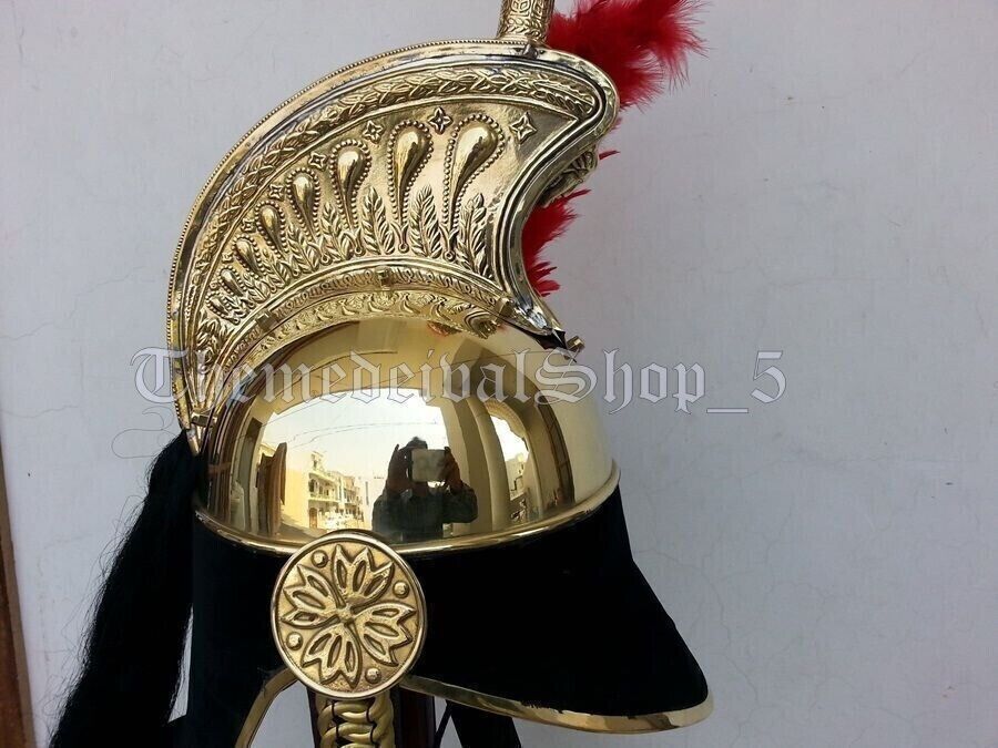 French Cuirassier Officer's Helmet Napoleon Style Brass Helmet W/ Plume Red Gift