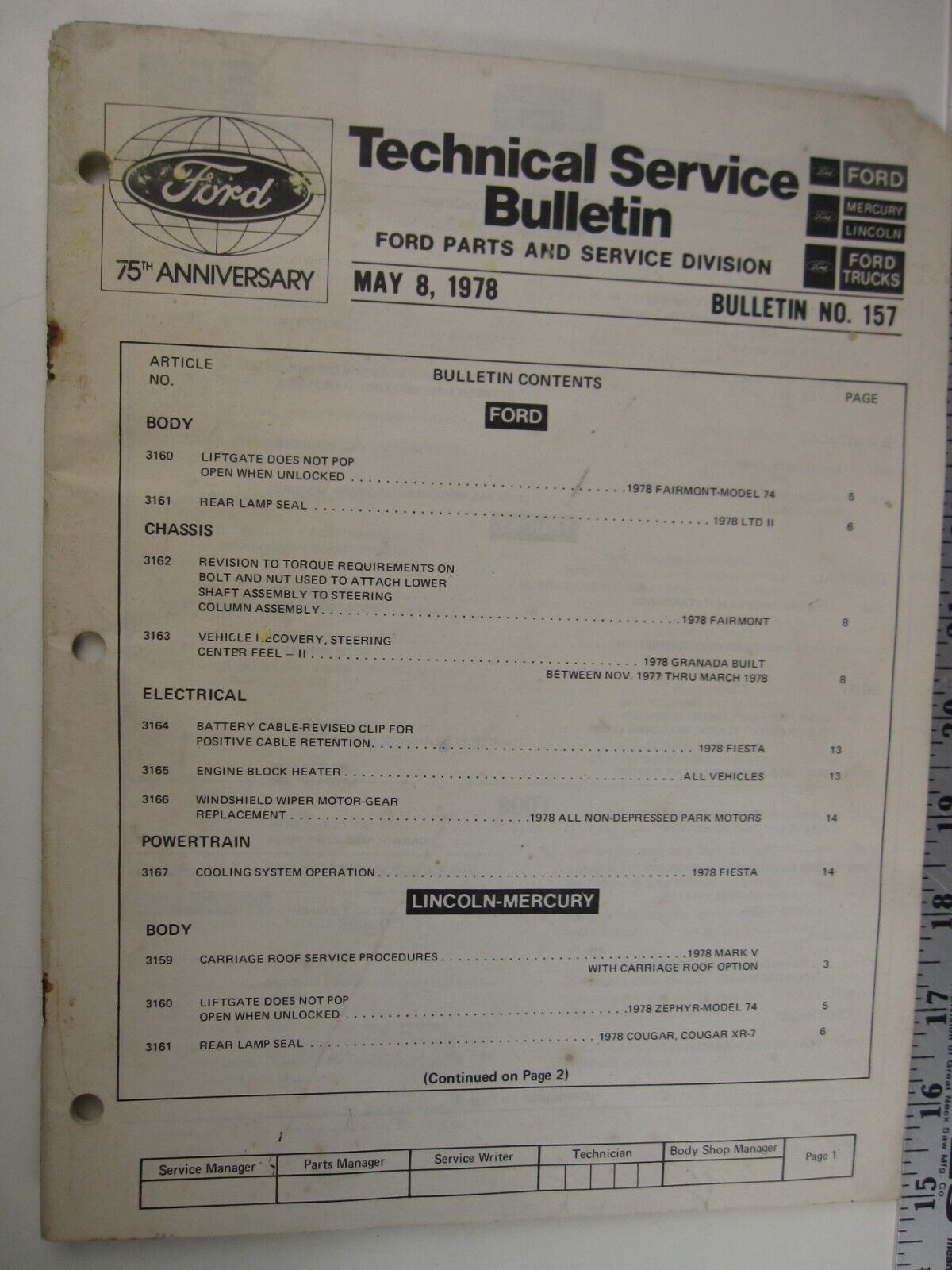May 8, 1978 FORD Technical Service Bulletin Number 157  BIS