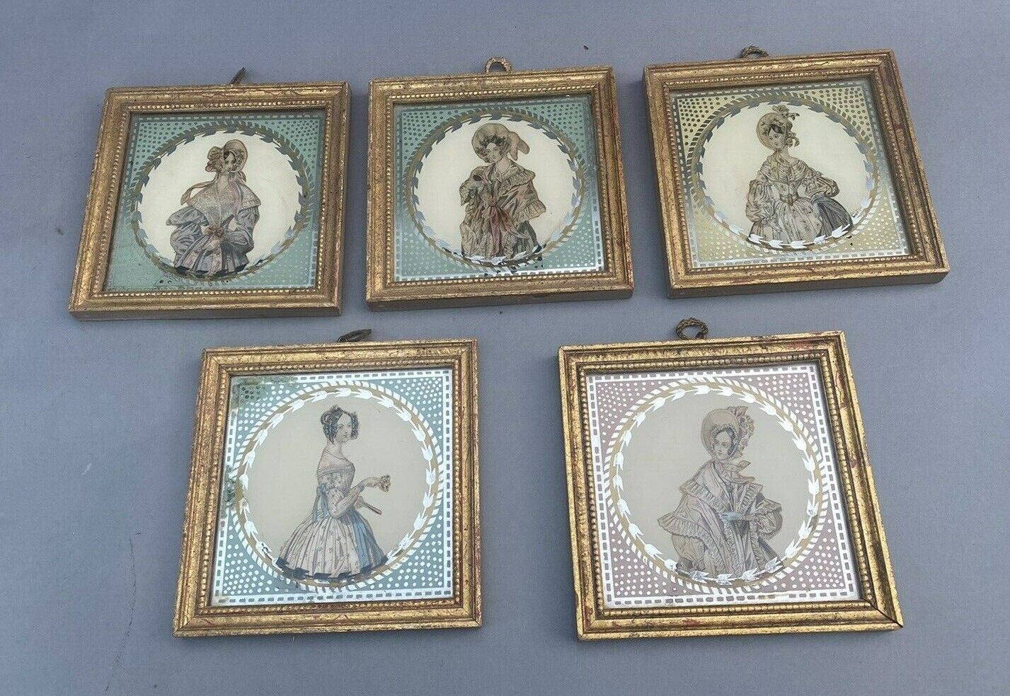 Set of 5 Antique Italian Style Gilt Framed Mirrored Hanging Portraits of Maidens