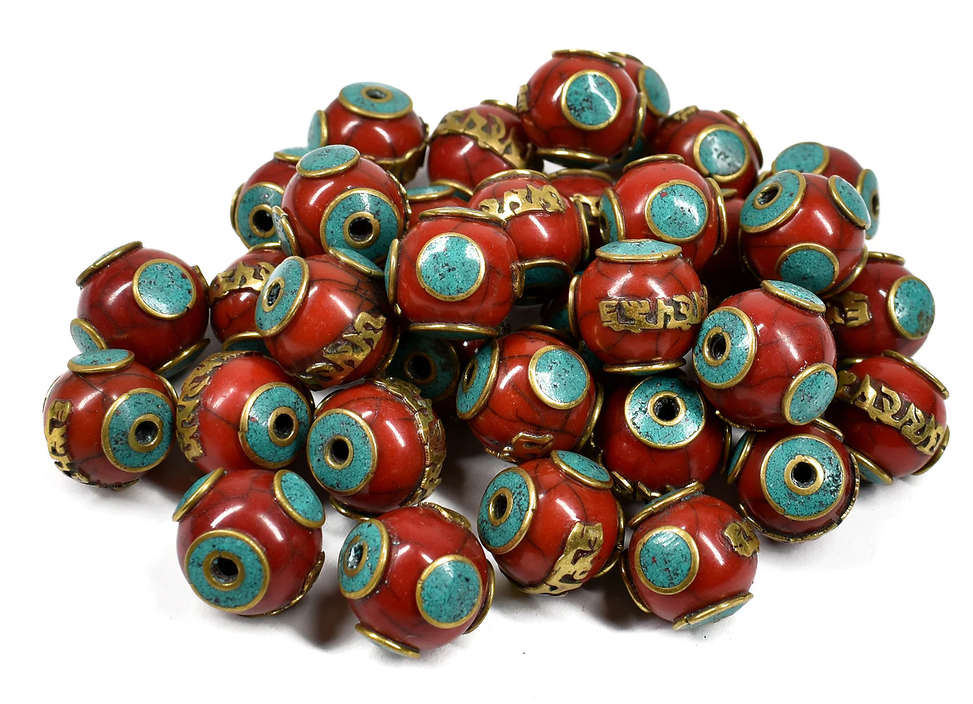4 Tibetan Beads Round Red Turquoise Loose