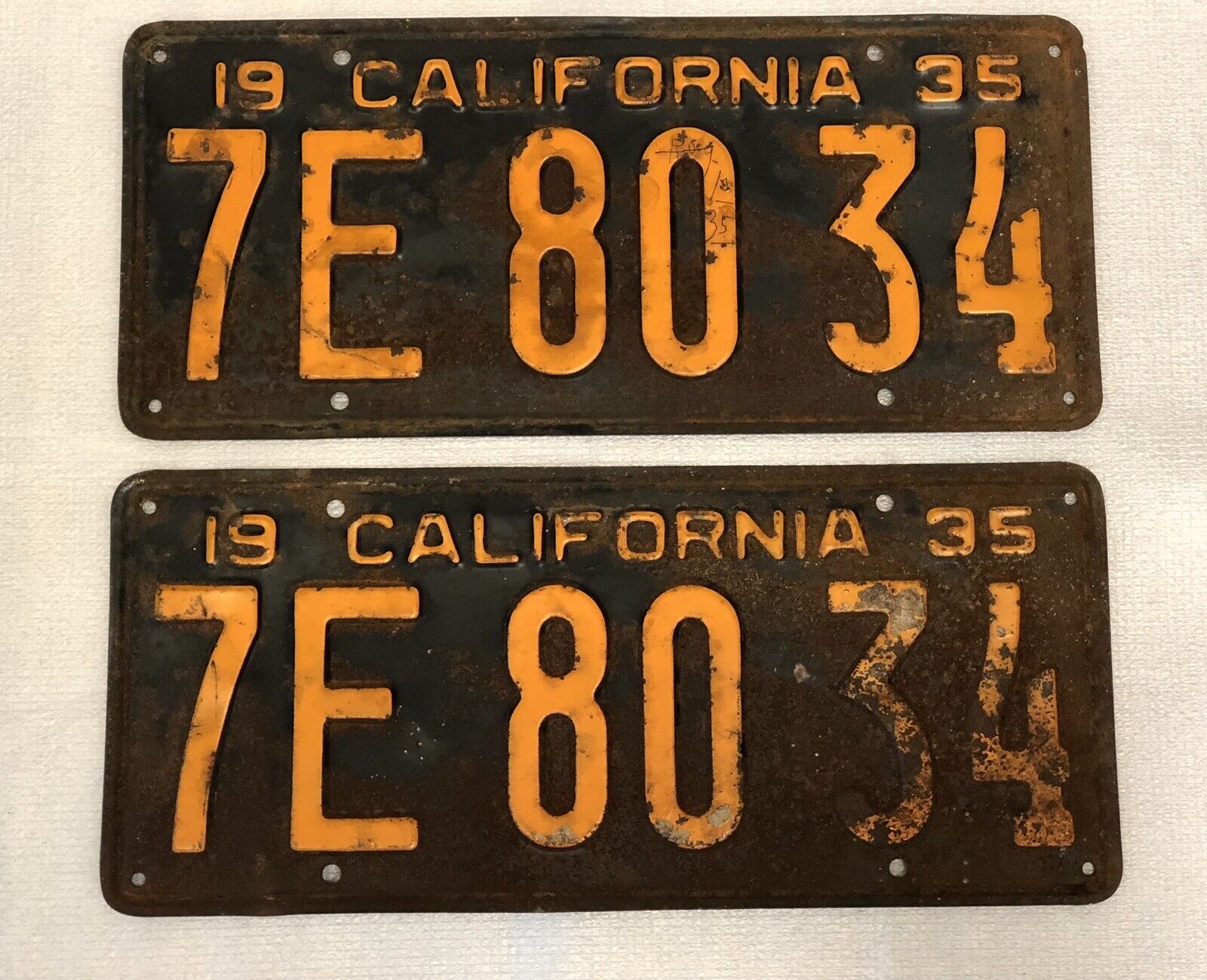 Pair of California 1935 YOM **DMV CLEAR** Black License Plates \'7E8034\' Hot Rod